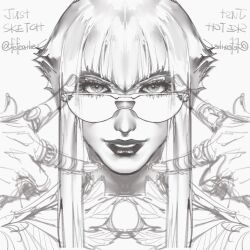 Rule 34 | 1girl, fefeather, greyscale, highres, hime cut, lipstick, looking at viewer, looking over eyewear, makeup, manon legrand, monochrome, parted lips, sketch, smirk, street fighter, street fighter 6, sunglasses