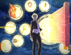 Rule 34 | 1boy, black jacket, black pants, blonde hair, check translation, crossover, doraemon, fate/stay night, fate (series), gate of babylon (fate), gilgamesh (fate), glowing, grin, jacket, katoroku, light particles, looking at viewer, male focus, md5 mismatch, pants, parody, red eyes, shirt, short hair, smile, solo, standing, translation request, white shirt