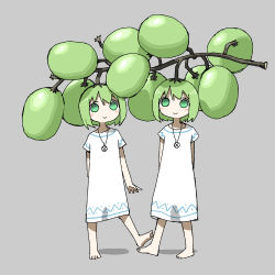 Rule 34 | 2girls, barefoot, dress, food, fruit, grapes, green eyes, grey background, highres, jewelry, looking at viewer, multiple girls, necklace, no nose, no pupils, original, oversized food, oversized object, shadow, short hair, short sleeves, simple background, smile, tsukumizu yuu, white dress
