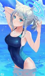 Rule 34 | 1girl, animal ear fluff, animal ears, arm up, armpits, blue archive, blue eyes, blue one-piece swimsuit, breasts, competition swimsuit, cross, hair ornament, hairclip, halo, highres, inverted cross, medium breasts, one-piece swimsuit, ponytail, prock, shiroko (blue archive), shiroko (swimsuit) (blue archive), solo, swimsuit