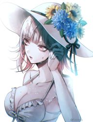 Rule 34 | 1girl, artist name, bare arms, bare shoulders, bikini, blue flower, breasts, cleavage, collarbone, commentary request, danganronpa (series), danganronpa 2: goodbye despair, flower, hat, hat flower, large breasts, light brown hair, mole, mole on breast, nanami chiaki, official alternate costume, parted lips, pink eyes, sakuyu, short hair, solo, sun hat, sweat, swimsuit, upper body, white background, white bikini