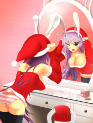 Rule 34 | &gt; o, 1girl, adjusting clothes, adjusting headwear, animal ears, ass, bad id, bad pixiv id, breasts, christmas, cleavage, hair ornament, hairclip, hat, highres, keke-san, large breasts, long hair, mirror, one eye closed, open mouth, panties, pantyshot, purple hair, rabbit ears, rabbit girl, rabbit tail, reflection, reisen udongein inaba, santa costume, santa hat, skirt, solo, standing, star (symbol), striped clothes, striped panties, tail, touhou, underwear, unworn hair ornament, unworn hairclip, unworn skirt, wink