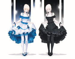 Rule 34 | 2girls, ahoge, alternate costume, alternate eye color, artoria pendragon (all), artoria pendragon (fate), bare shoulders, black dress, black footwear, black pantyhose, black ribbon, blonde hair, blue dress, blue footwear, blue ribbon, braid, commentary, dress, dual persona, english commentary, fate/grand order, fate/stay night, fate (series), fov ps, french braid, frilled dress, frills, hair ribbon, highres, multiple girls, off-shoulder dress, off shoulder, pale skin, pantyhose, ribbon, saber (fate), saber alter, shadow, short hair, skirt hold, sleeveless, sleeveless dress, two-tone dress, white dress, white pantyhose, yellow eyes