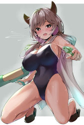 Rule 34 | 1girl, amasora taichi, bare arms, bare legs, blue hair, blue one-piece swimsuit, blush, breasts, bright pupils, brown eyes, camieux, covered erect nipples, draph, full body, gradient hair, granblue fantasy, grey background, horns, kneeling, large breasts, looking at viewer, multicolored hair, one-piece swimsuit, open mouth, pink hair, silver hair, smile, solo, swimsuit, twintails, water gun, wet