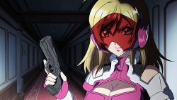 Rule 34 | 10s, 1girl, angelise ikaruga misurugi, blonde hair, bodysuit, breasts, cleavage, cleavage cutout, closed mouth, clothing cutout, cross ange, female focus, gun, headgear, headphones, holding, holding gun, holding weapon, indoors, looking at viewer, medium breasts, naughty face, purple bodysuit, red visor, short hair, shoulder cutout, smile, solo, turtleneck, upper body, visor, weapon