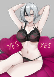 Rule 34 | 1girl, absurdres, arlecchino (genshin impact), armpits, arms behind head, arms up, bare shoulders, black bra, black hair, black panties, blush, bra, breasts, cleavage, collarbone, floral print, genshin impact, grey eyes, heart, heart-shaped pillow, highres, large breasts, looking at viewer, multicolored hair, navel, panties, pillow, red pupils, short hair, sitting, solo, streaked hair, symbol-shaped pupils, thighs, tian kazuki, underwear, white hair, x-shaped pupils, yes-no pillow