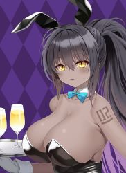 Rule 34 | 1girl, absurdres, animal ears, argyle, argyle background, argyle clothes, asamura hiori, bare shoulders, black hair, black hairband, black leotard, blue archive, blue bow, blue bowtie, blush, bow, bowtie, breasts, cleavage, closed mouth, collarbone, commentary request, cup, dark-skinned female, dark skin, detached collar, drink, drinking glass, fake animal ears, gloves, hairband, highres, holding, holding tray, karin (blue archive), karin (bunny) (blue archive), large breasts, leotard, long hair, looking at viewer, number tattoo, official alternate costume, playboy bunny, ponytail, purple background, rabbit ears, shiny clothes, shiny skin, shoulder tattoo, sidelocks, solo, strapless, strapless leotard, tattoo, traditional bowtie, tray, white gloves, yellow eyes