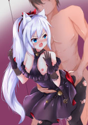 Rule 34 | 1boy, 1girl, :o, anchor, angry, animal ears, azur lane, bare shoulders, bell, bent over, black dress, black hairband, black pantyhose, blue eyes, blush, breasts, breasts out, cat ears, cat girl, choker, clothed female nude male, commentary request, cum, cum in pussy, dress, fang, frilled dress, frills, fusse, hair between eyes, hairband, hammann (azur lane), hammann (prideful fairy of the ballroom) (azur lane), hands up, hetero, leaning forward, long hair, looking back, neck bell, nipples, no bra, nude, pantyhose, ponytail, pussy juice, sex, sex from behind, small breasts, standing, standing sex, torn clothes, torn legwear, very long hair, white hair