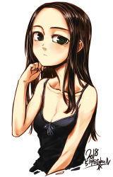 Rule 34 | 1girl, absurdres, black hair, black shirt, blush, breasts, brown hair, cleavage, closed mouth, dated, fingernails, forehead, green eyes, hand up, highres, kotoba noriaki, looking at viewer, mole, mole under eye, original, ringed eyes, shirt, signature, simple background, sleeveless, sleeveless shirt, small breasts, solo, upper body, white background