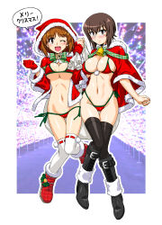 Rule 34 | 2girls, ;d, alternate costume, bell, bikini, black footwear, black legwear, blush, boko (girls und panzer), boots, border, breasts, brown eyes, brown hair, cape, capelet, carrying over shoulder, christmas lights, cleavage, clenched hand, closed mouth, collar, commentary, embarrassed, fur-trimmed boots, fur-trimmed cape, fur-trimmed capelet, fur-trimmed jacket, fur-trimmed sleeves, fur trim, girls und panzer, gluteal fold, green border, holding, holding sack, hood, hood down, hood up, hooded cape, jacket, knee boots, large breasts, leg up, light frown, looking at viewer, medium breasts, multiple girls, navel, neck bell, nishizumi maho, nishizumi miho, one eye closed, oosaka kanagawa, open mouth, outline, outside border, plaid footwear, pom pom (clothes), red bikini, red cape, red footwear, red jacket, ribbon-trimmed legwear, ribbon trim, sack, santa costume, short hair, siblings, side-by-side, sisters, skindentation, smile, standing, standing on one leg, swimsuit, thigh gap, thighhighs, translated, white outline