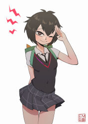 Rule 34 | 1girl, absurdres, arm behind back, artist name, backpack, bag, black hair, black necktie, black sweater vest, blush, breasts, bright pupils, brown eyes, closed mouth, commentary, covered navel, cowboy shot, dress shirt, english commentary, green bag, grey skirt, hair between eyes, hand up, highres, light blush, looking at viewer, marvel, miniskirt, mo yu qing, necktie, notice lines, one eye closed, peni parker, plaid, plaid skirt, pleated skirt, raised eyebrows, salute, school uniform, shirt, short sleeves, signature, simple background, skirt, small breasts, smile, solo, spider-man: into the spider-verse, spider-man (series), spider-verse, standing, sweater vest, thigh gap, white background, white pupils, white shirt, wind, wind lift