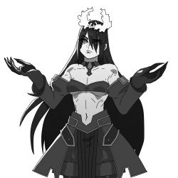 Rule 34 | 1girl, artist request, black footwear, black hair, black skirt, black theme, boots, bra, breasts, cleavage, commission, cosplay, fate/grand order, fate/stay night, fate (series), female focus, genderswap, genderswap (mtf), greyscale, hair between eyes, hair ribbon, humanization, long hair, looking at viewer, marvel, monochrome, monster girl, mordred (fate), mordred (fate) (cosplay), mordred (fate/apocrypha), pale skin, personification, ribbon, simple background, skirt, solo, somersaultdropkick, spider-man (series), standing, stomach, symbiote, transparent background, underboob, underwear, upper body, venom (marvel), very long hair, white background, yandere