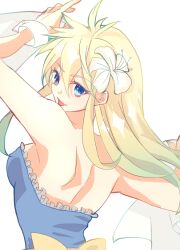 Rule 34 | 1girl, back, back bow, blonde hair, blue eyes, bow, breasts, dress, flower, gensou suikoden, gensou suikoden i, hair flower, hair ornament, long hair, looking at viewer, medium breasts, mina (suikoden), open mouth, ruka mochizuki, simple background, smile, solo, sparkling eyes, white background, white flower, yellow bow