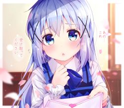 Rule 34 | 1girl, :o, blue bow, blue bowtie, blue eyes, blue hair, blue vest, blurry, blurry background, blush, bow, bowtie, collared shirt, commentary request, depth of field, envelope, fingernails, flying sweatdrops, gochuumon wa usagi desu ka?, hair between eyes, hair ornament, head tilt, heart, highres, holding, holding envelope, indoors, kafuu chino, letter, long hair, long sleeves, looking at viewer, love letter, nail polish, parted lips, pink nails, rabbit house uniform, rouka (akatyann), shirt, sidelocks, solo, translated, uniform, vest, waitress, white shirt, x hair ornament