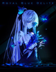 Rule 34 | 1girl, blue butterfly, blue eyes, blue theme, bridal gauntlets, bug, butterfly, butterfly on hand, collar, commentary, crystal, dress, english text, glowing butterfly, high ponytail, highres, insect, light beam, long hair, material growth, one eye covered, original, personification, ponytail, ripples, sanamisa, silver hair, solo, upper body