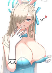 Rule 34 | 1girl, absurdres, animal ears, asuna (blue archive), asuna (bunny) (blue archive), asymmetrical bangs, blonde hair, blue archive, blue bow, blue bowtie, blue eyes, blue leotard, blue ribbon, blush, bow, bowtie, breasts, cleavage, commentary, detached collar, elbow gloves, elina (eri15), fake animal ears, gloves, grin, hair between eyes, hair over one eye, hair ribbon, halo, hand to own mouth, heart, highres, large breasts, leotard, long hair, looking at viewer, mole, mole on breast, nipple slip, nipples, playboy bunny, rabbit ears, ribbon, self exposure, signature, simple background, smile, solo, teeth, traditional bowtie, upper body, white background, white gloves, wing collar