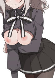 Rule 34 | 1girl, black shirt, black skirt, blush, breasts, breasts out, brown pantyhose, closed mouth, grey hair, head out of frame, highres, large breasts, lily (spy kyoushitsu), long sleeves, medium hair, morisobo, nipples, pantyhose, shirt, simple background, skirt, smile, solo, spy kyoushitsu, sweat, white background