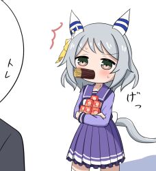 Rule 34 | 1girl, 1other, animal ears, blush, breasts, brown eyes, commentary, food, food in mouth, grey hair, hair ornament, hishi miracle (umamusume), holding, horse ears, horse girl, horse tail, medium breasts, nervous sweating, pocky, school uniform, shein, sweat, tail, thighhighs, tracen school uniform, trainer (umamusume), translated, umamusume, white background