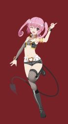 Rule 34 | 10s, 1girl, belt, buckle, demon tail, full body, happy, heart, heart-shaped buckle, heart belt, looking at viewer, midriff, nana asta deviluke, one eye closed, pink eyes, pink hair, short hair, smile, solo, standing, standing on one leg, tail, to love-ru, to love-ru darkness, to love-ru darkness: idol revolution, transparent background, wink