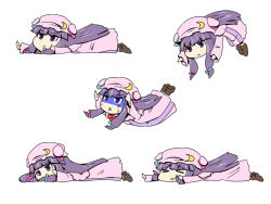 Rule 34 | &gt; &lt;, 1girl, :&lt;, :x, bittan bittan, closed eyes, crescent, crescent moon, female focus, hat, jeno, jitome, long hair, moon, multiple views, patchouli knowledge, purple eyes, purple hair, simple background, touhou, triangle mouth, turn pale, white background