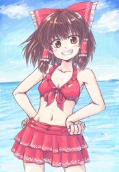 Rule 34 | 1girl, alternate costume, aokukou, bikini, bow, brown eyes, brown hair, cloud, commentary, frilled bow, frilled hair tubes, frills, grin, hair bow, hair tubes, hakurei reimu, hands on own hips, light blush, looking at viewer, medium hair, midriff, navel, open mouth, red bikini, red bow, smile, solo, swimsuit, touhou, water