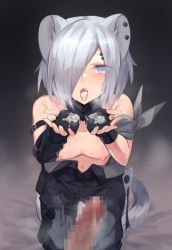 Rule 34 | 1boy, 1girl, animal ears, arknights, arm strap, black gloves, blue eyes, blush, breasts, buckle, censored, commentary request, commission, cum, cum in mouth, cum on hands, cum on tongue, ear piercing, fingerless gloves, gloves, hair over one eye, holding, looking at viewer, mosaic censoring, navel, nipples, partially undressed, penis, piercing, pov, sasa onigiri, shirayuki (arknights), short hair, skeb commission, small breasts, tail, tongue, tongue out, white hair