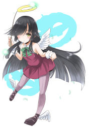 Rule 34 | 1girl, absurdres, adapted costume, angel wings, ankle wings, black hair, collar, commentary request, dress, full body, green neckwear, grey pantyhose, hair over one eye, halo, hayashimo (kancolle), highres, jack-o&#039;-lantern, kantai collection, long hair, one-hour drawing challenge, pantyhose, purple dress, solo, taisinkoku, very long hair, white background, white collar, white wings, winged footwear, wings, yellow eyes