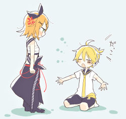 Rule 34 | 1boy, 1girl, anger vein, barcode, black bow, black collar, black skirt, blonde hair, blush stickers, bow, brother and sister, chibi, collar, commentary, closed eyes, facial tattoo, facing another, green eyes, hair bow, hair ornament, hairclip, headphones, kagamine len, kagamine rin, looking at another, neckerchief, necktie, outstretched arms, project diva (series), sailor collar, sarashi, school uniform, seiza, shirt, short hair, short shorts, short sleeves, shorts, siblings, sitting, skirt, strange dark (module), string, string of fate, suzumi (fallxalice), tattoo, translated, twins, vocaloid, white shirt