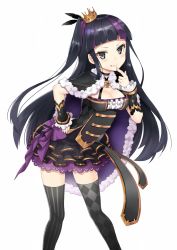 Rule 34 | 1girl, :q, argyle, argyle clothes, argyle legwear, asymmetrical legwear, bad id, bad pixiv id, black choker, black eyes, black hair, black thighhighs, blunt bangs, bow, breasts, bustier, cape, choker, cleavage, crown, detached sleeves, finger to mouth, frilled skirt, frills, fur trim, hand on own hip, highres, layered skirt, leaning forward, long hair, looking at viewer, medium breasts, mini crown, mismatched legwear, multicolored hair, one side up, original, purple bow, purple hair, ryun025, skirt, smile, solo, streaked hair, striped clothes, striped thighhighs, thighhighs, tongue, tongue out, v-shaped eyebrows, vertical-striped clothes, vertical-striped thighhighs, very long hair, wavy mouth, zettai ryouiki