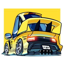 Rule 34 | absurdres, border, car, chibi, commentary, commission, duz, english commentary, highres, motor vehicle, nissan, nissan fairlady z, nissan z (rz34), no humans, original, outside border, spoiler (automobile), sports car, stance (vehicle), vehicle focus, watermark, white border, yellow background