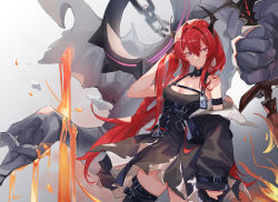 Rule 34 | 1girl, absurdres, arknights, bare shoulders, breasts, chain, collar, demon, demon girl, demon horns, dress, highres, holding, holding weapon, horns, jacket, kneehighs, long hair, looking at viewer, lava, purple eyes, red hair, smile, socks, solo, spiked collar, spikes, strash, surtr (arknights), weapon