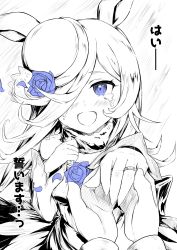 Rule 34 | 1girl, absurdres, animal ears, blue eyes, blue flower, blue rose, choker, commentary request, crying, crying with eyes open, dou tanuki, dress, flower, greyscale, hair over one eye, hat, highres, holding hands, horse ears, jewelry, long hair, looking at viewer, monochrome, open mouth, pov, pov hands, rice shower (umamusume), ring, rose, smile, solo focus, spot color, tears, translated, umamusume, wedding band