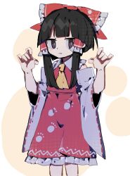 Rule 34 | 1girl, absurdres, ascot, black hair, bow, brown eyes, collared shirt, detached sleeves, feet out of frame, frilled bow, frilled hair tubes, frilled shirt collar, frilled skirt, frills, hair bow, hair tubes, hakurei reimu, highres, large bow, long hair, looking at viewer, paw pose, paw print, paw print pattern, print bow, print skirt, red bow, red ribbon, red shirt, red skirt, ribbon, ribbon-trimmed sleeves, ribbon trim, shirt, simple background, skirt, sleeveless, sleeveless shirt, so happy 64, solo, touhou, white background, wide sleeves, yellow ascot