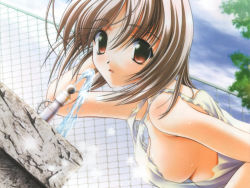 Rule 34 | 1girl, aizawa kotarou, bent over, breasts, brown eyes, brown hair, chain-link fence, cloud, dress, drinking, drinking fountain, dutch angle, fence, fountain, looking at viewer, no bra, outdoors, sideboob, sky, solo, tree