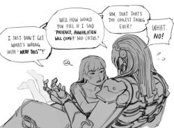 Rule 34 | 1boy, 1girl, barefoot, camisole, commentary, couple, d.va (overwatch), english commentary, english text, facial mark, height difference, hetero, implied after sex, long hair, lying on person, omnic, overwatch, overwatch 2, ramattra (overwatch), robot, scar on shoulder, sketch, speech bubble, squiggle, velinxi, whisker markings