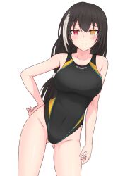 Rule 34 | 1girl, arm at side, black hair, blush, breasts, closed mouth, collarbone, commentary request, competition swimsuit, contrapposto, covered navel, cowboy shot, girls&#039; frontline, gluteal fold, gotoo, hair between eyes, hand on own hip, heterochromia, highleg, highleg swimsuit, highres, light frown, long hair, looking at viewer, medium breasts, multicolored hair, one-piece swimsuit, ponytail, red eyes, ro635 (girls&#039; frontline), simple background, solo, standing, streaked hair, swimsuit, white background, yellow eyes