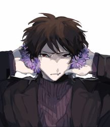 Rule 34 | 3boys, animated, animated gif, black jacket, bleeding, blood, blue hair, brown hair, chinese commentary, clenched teeth, closed eyes, commentary request, covering own ears, daisy, flower, flower over eye, food, fruit, grapes, hands up, harada minoru, hatsutori hajime, high collar, interlocked fingers, jacket, long hair, long sleeves, male focus, meng4294, multiple boys, open clothes, open jacket, open mouth, parted bangs, pink hair, portrait, purple flower, purple sweater, red eyes, ribbed sweater, rose, saibou shinkyoku, shirt, short hair, simple background, smile, spoilers, sweater, teeth, turtleneck, turtleneck sweater, upper teeth only, utsugi noriyuki, white background, white flower, white rose, white shirt