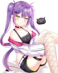 Rule 34 | 1girl, bare shoulders, belt, black choker, black shirt, black shorts, breasts, choker, cleavage, closed mouth, collarbone, crop top, cropped jacket, feet out of frame, fishnet thighhighs, fishnets, green eyes, hair ornament, hairclip, highres, hololive, hugging own legs, jacket, knees up, long hair, long sleeves, looking at viewer, midriff, multicolored hair, off shoulder, puffy sleeves, purple hair, shirt, short shorts, shorts, sidelocks, simple background, single thighhigh, sleeveless, sleeveless shirt, small breasts, smile, solo, streaked hair, thigh strap, thighhighs, thighs, tokoyami towa, twintails, very long hair, virtual youtuber, white background, white jacket, yuano