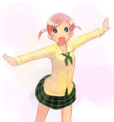 Rule 34 | 1girl, blue eyes, ikeda jun (mizutamari), no nose, open mouth, original, outstretched arms, pink hair, school uniform, short twintails, skirt, solo, spread arms, twintails