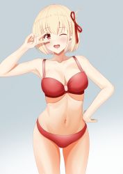 Rule 34 | 1girl, ;d, bikini, blonde hair, blush, bob cut, breasts, cleavage, collarbone, dot nose, grey background, hair ribbon, hand on own hip, highres, looking at viewer, lycoris recoil, medium breasts, navel, nishikigi chisato, one eye closed, open mouth, red bikini, ribbon, short hair, smile, solo, stomach, swimsuit, thighs, v over eye, zuki
