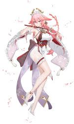 Rule 34 | 1girl, absurdres, animal ears, anklet, bare shoulders, breasts, cherry blossoms, detached sleeves, earrings, floppy ears, fox ears, fox girl, full body, genshin impact, hair between eyes, hair ornament, high heels, highres, japanese clothes, jewelry, large breasts, long hair, long sleeves, looking at viewer, nontraditional miko, pink hair, pumps, purple eyes, shoes, sideboob, solo, thigh strap, thighs, wide sleeves, wushui liusuantong, yae miko