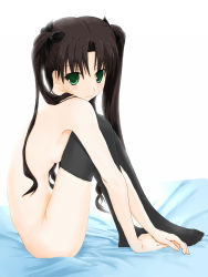 Rule 34 | 00s, 1girl, asamiya, bed, black socks, black thighhighs, bow, brown hair, fate/stay night, fate (series), feet, flat chest, green eyes, hair bow, hands on feet, hugging own legs, kneehighs, knees to chest, long hair, long legs, looking at viewer, no shoes, nude, sitting, smile, socks, solo, thighhighs, tohsaka rin, type-moon