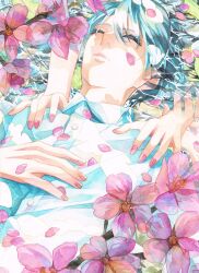 Rule 34 | 1boy, 1girl, acf creator, blue hair, buttons, closed eyes, closed mouth, collared shirt, dress shirt, flower, hands on own chest, highres, long sleeves, lying, male focus, on back, original, out of frame, painting (medium), petals, pink flower, pink nails, shirt, short hair, solo focus, traditional media, upper body, water, watercolor (medium), white shirt