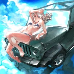 Rule 34 | 1girl, bikini, blonde hair, car, female focus, green eyes, jeep, jeep wrangler, motor vehicle, original, solo, swimsuit, touge (kubiwa tsuki), vehicle