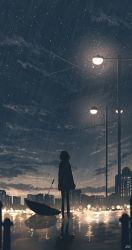 Rule 34 | 1girl, blurry, bokeh, building, city, city lights, cloud, commentary, dark, depth of field, flood, from behind, highres, lamppost, looking afar, night, original, power lines, rain, reflection, road, scenery, short hair, signature, sky, skyrick9413, solo, star (sky), street, umbrella, wading