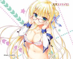Rule 34 | 1girl, :3, :p, absurdres, bare shoulders, bespectacled, blonde hair, blue bow, blunt bangs, blush, bow, bra, breasts, cleavage, closed mouth, collarbone, company name, copyright name, double bun, floating hair, frilled bra, frills, glasses, green eyes, hair bow, hair bun, hair ornament, hairclip, hands up, highres, kin-iro loveriche, large breasts, long hair, long sleeves, looking at viewer, moribe (rabumanyo), navel, official art, open clothes, open shirt, pink bra, red-framed eyewear, shirt, sidelocks, simple background, smile, solo, star (symbol), straight hair, strap slip, sylvia le cruzcrown sortilege sisua, tongue, tongue out, underwear, upper body, very long hair, white background, white shirt, x hair ornament