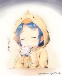 Rule 34 | 1girl, 2hands1cup, = =, alternate costume, animal hood, blue hair, blush, buttons, closed eyes, cup, drinking, holding, holding cup, hood, hood up, kantai collection, long sleeves, mae (maesanpicture), mug, pom pom (clothes), samidare (kancolle), solo, swept bangs, translation request, twitter username, two-handed, upper body