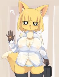 Rule 34 | 1girl, ?, animal ear fluff, animal ears, black eyes, black thighhighs, blue panties, blush, breasts, briefcase, bright pupils, cleavage, colored skin, commentary request, covered erect nipples, cowboy shot, fox ears, fox girl, fox tail, furry, furry female, highres, holding, holding briefcase, large breasts, lets0020, looking at viewer, medium bangs, no bra, no pants, open mouth, original, panties, shirt, short hair, smile, solo, standing, striped clothes, striped panties, tail, thighhighs, underwear, waving, white panties, white pupils, white shirt, yellow skin