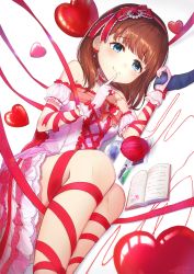 Rule 34 | 1girl, arm cuffs, arm ribbon, balloon, bare shoulders, blue eyes, blue necktie, blush, bodice, bow, breasts, brown hair, choker, closed mouth, collarbone, cross-laced clothes, diary, dress, earrings, finger to mouth, frilled bow, frilled choker, frills, gem, gloves, hair bow, hairband, heart, heart balloon, highres, idolmaster, idolmaster cinderella girls, idolmaster cinderella girls starlight stage, jewelry, knees, lace, lace-trimmed dress, lace trim, leg ribbon, lying, medium breasts, medium hair, necktie, omelet tomato, on side, pearl (gemstone), photo (object), pink dress, pinky out, producer (idolmaster), red bow, red choker, ribbon, ribbon-trimmed gloves, ribbon trim, sakuma mayu, smile, solo, string, string of fate, white background, white gloves, yarn, yarn ball