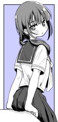 Rule 34 | 1girl, :/, blush, greyscale, highres, long hair, looking at viewer, looking back, low twintails, monochrome, original, pleated skirt, sailor collar, school uniform, serafuku, short sleeves, sitting, skirt, smison, solo, twintails